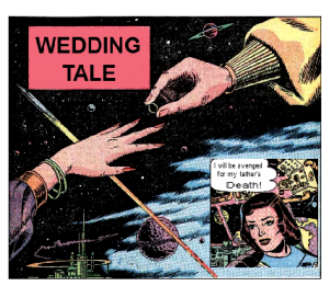 A man's hand placing a wedding ring on a woman's finger with insert of woman swearing vengance for her father's death
