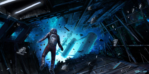 Person in space suit looking out the shattered hull of a spacecraft